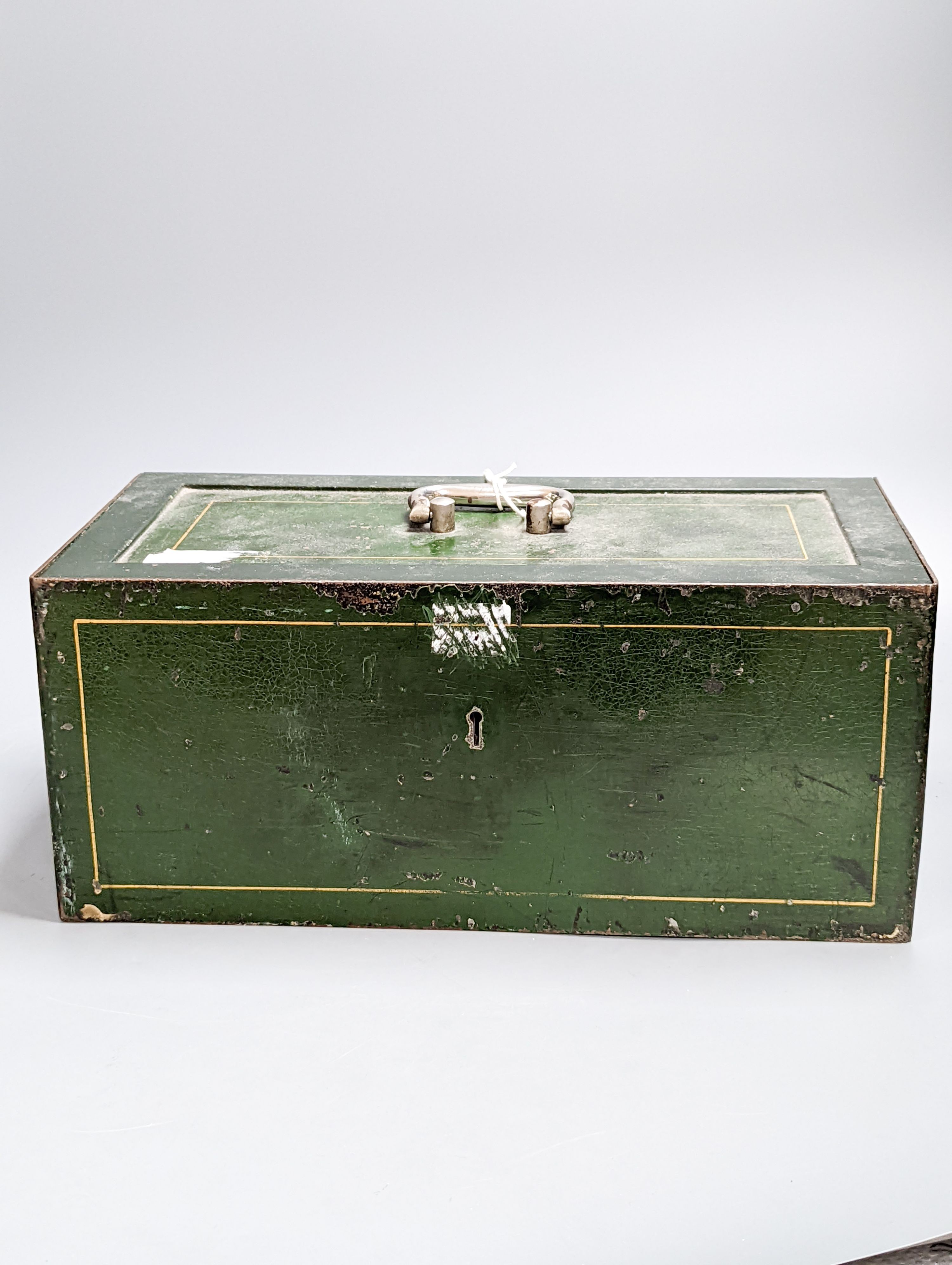 A Victorian painted iron strongbox with key by Milners